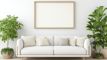 A white couch is placed in front of a white wall. There are two potted plants in the room, one on the left side and one on the right side