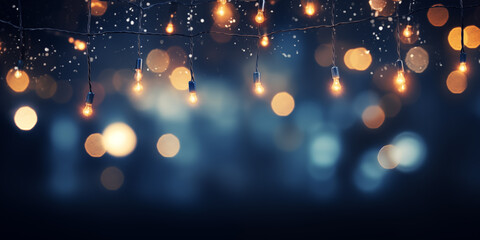 Wall Mural - holiday illumination and decoration. christmas garland bokeh lights over dark blue background. blurr