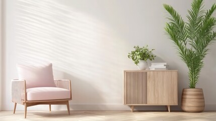Poster - A white room with a pink chair and a wooden cabinet. The room is empty and has a minimalist feel