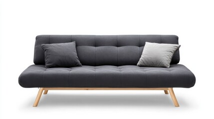Poster - A gray couch with pillows on it. The couch is made of wood and has a modern design