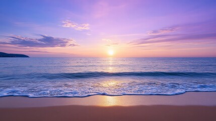 The ocean is calm and the sky is a beautiful shade of purple. The sun is setting, casting a warm glow over the water