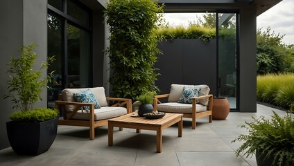 Poster - Greenery surrounds a modern patio set with comfortable chairs.