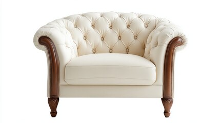 Poster - A white leather chair with wooden legs. The chair is sitting on a white background. The chair is very elegant and has a classic look