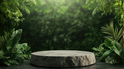 Poster - A stone pedestal is surrounded by lush green foliage. The stone is large and round, and the foliage is dense and green. Concept of tranquility and natural beauty