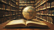 © Elmin - A worn-out globe rests on an open book in a library, surrounded by bookshelves. The image has a vintage feel and evokes themes of science, education, and travel.