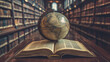 © Elmin - A worn-out globe rests on an open book in a library, surrounded by bookshelves. The image has a vintage feel and evokes themes of science, education, and travel.