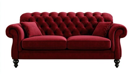 Aufkleber - A red velvet couch with pillows on it. The couch is large and has a classic design