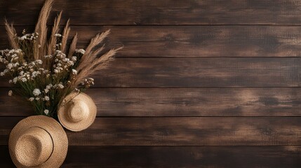 Aufkleber - A wooden table with a vase of flowers and two straw hats on it. The hats are placed on the table in front of the flowers
