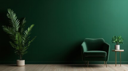 Aufkleber - A green room with a large plant and a green chair. The room is very clean and well-organized