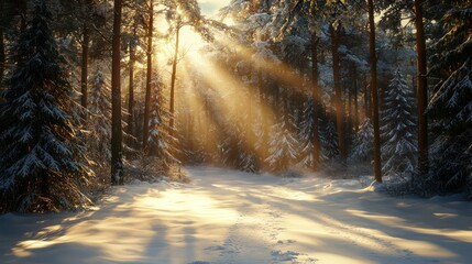 Leinwandbilder - A snow covered forest with the sun shining through the trees. The sun is casting a warm glow on the snow and the trees