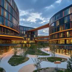 Canvas Print - Modern office complex with curved architecture and green spaces.