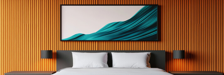 Canvas Print - Minimalist bedroom with a teal abstract artwork above the bed.