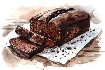 A painting of a freshly baked loaf of chocolate bread, great for food or baking related uses