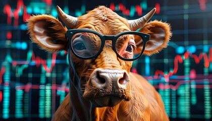 Wall Mural - Bullish Vision: A 3D Render of a Bull with Glasses in Front of a Stock Market Skyline