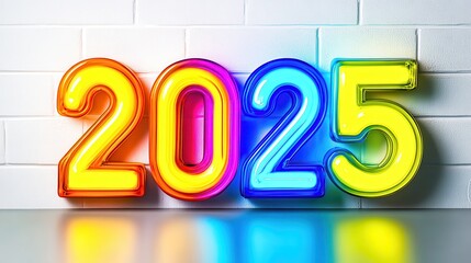 Canvas Print - Colorful neon sign showing year 2025 against a white wall