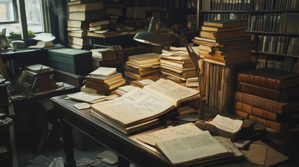 An old desk, dimly lit, piled high with books and handwritten papers. It's the workspace of a scholar from long ago.  There's plenty of room to write your own thoughts.