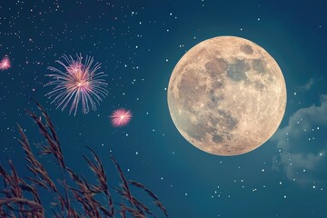 a nighttime scene with a full moon and fireworks exploding in the sky, great for use in celebrations