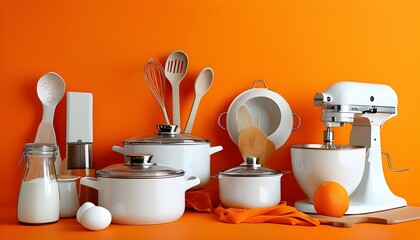 Vibrant display of white kitchen utensils against a bold orange backdrop