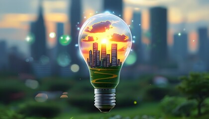 Wall Mural - Illuminated Light Bulb Containing Conceptual Eco-Friendly Cityscape Symbolizing Sustainable Energy and Green Living