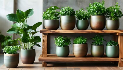 Canvas Print - Contemporary Indoor Garden Showcasing Potted Plants on Wooden Shelves with Minimalist Rustic Pots for a Natural Home Decor Ambiance