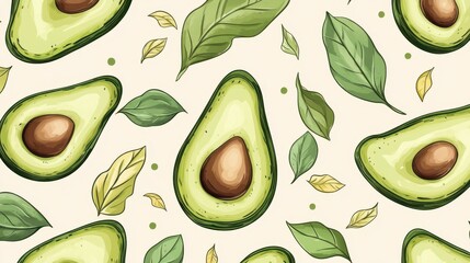 Wall Mural - Vibrant Avocado and Leaves Seamless Pattern