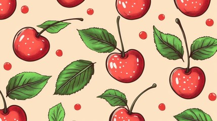 Poster - Luscious Red Cherries with Green Leaves on Beige Background