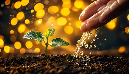 Wall Mural -  nurturing a young plant in soil under warm golden light