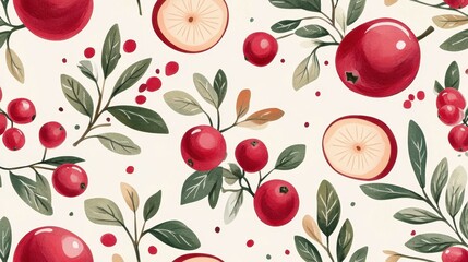 Wall Mural - Luscious Red Apples and Foliage Seamless Pattern