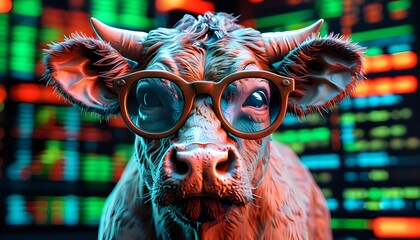 Bullish Vision: A 3D Render of a Bull with Glasses in Front of a Stock Market Skyline