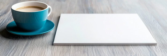 Poster - A cup of coffee and a blank notepad on a wooden table.