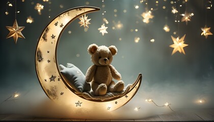 Dreamy baby mobile featuring a teddy bear on the moon surrounded by stars in a soft, fogged ambiance