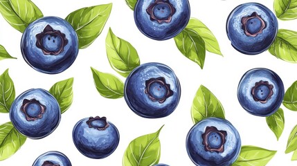 Poster - Juicy Blueberries with Green Leaves