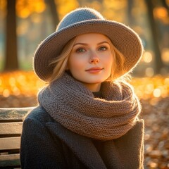 Wall Mural - Beautiful young woman enjoying sunny autumn day in the park