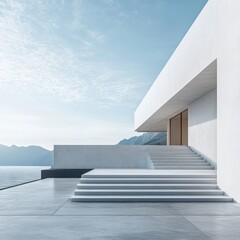 Wall Mural - Modern white house with stairs overlooking a sea and mountain landscape.