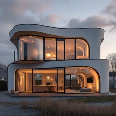 Poster - Modern white two-story house with large windows and a curved design.