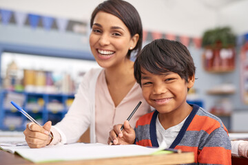 Poster - Portrait, teacher and boy in classroom, notebook and help with education, smile and happiness. Face, woman and student in school, learning and advice with preparation for test, exam and assignment