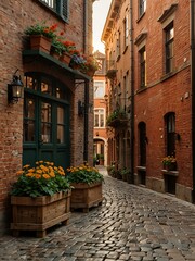 Poster - Historic European city alley with flower boxes, brick buildings, and warm sunset lighting.