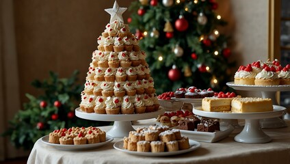 Wall Mural - Holiday dessert display with an array of cakes and cookies next to a Christmas tree.