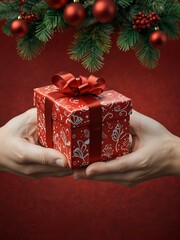 Wall Mural - Holiday gift box held by hands on a festive red background.