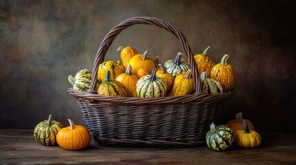 Canvas Print - Bountiful Harvest: A Basket Overflowing with Autumn Gourds