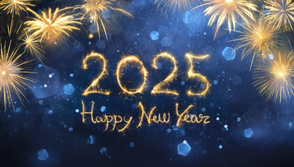 Wall Mural - 2025 happy new year celebration with glitter and fireworks in blue eve night