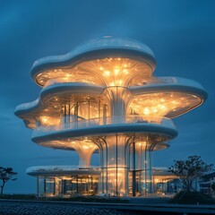 Modern, futuristic building designed like a tree with multiple levels lit up at night.