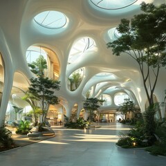 Wall Mural - Modern, futuristic building interior with large windows and organic, flowing design.