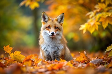 a fox is carefully watching something in the autumn forest