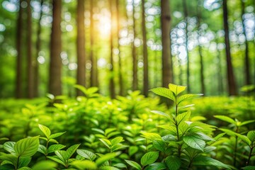 Poster - Green forest floor with sunlight filtering through trees