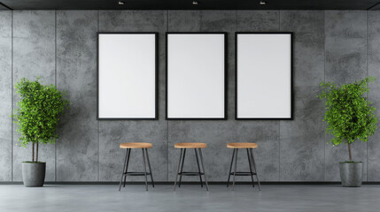 Three blank frames hang on a concrete wall, flanked by potted plants.