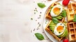 © lastfurianec - Belgian waffles with avocado and poached egg. Healthy eating. Vegetarian food. With a place to copy the text.