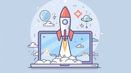 A stylized rocket launches out of a laptop screen, symbolizing a digital start-up or business growth, against a light blue sky with clouds and stars.