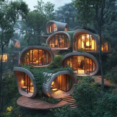 Poster - Modern, futuristic, organic architecture home built into a lush green forest hillside with warm interior lighting.