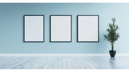 Poster - Three blank frames on a light blue wall in a minimalist room.